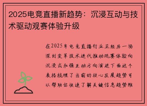 2025电竞直播新趋势：沉浸互动与技术驱动观赛体验升级